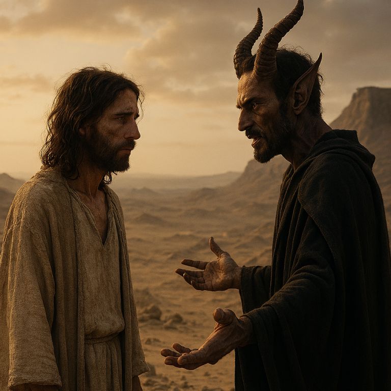 Jesu Versuchung | Bild erstellt mit Microsoft Copilot Jesus und der Teufel stehen sich in einer Wüstenlandschaft gegenüber.