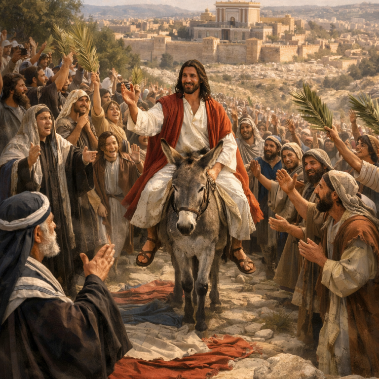 Gelobt sei, der da kommt, der König, in dem Namen des Herrn! Friede sei im Himmel und Ehre in der Höhe! | Bild erstellt mit Microsoft Copilot Jesus reitet auf einem Esel und wird von einer jubelnden Menschenmenge empfangen.